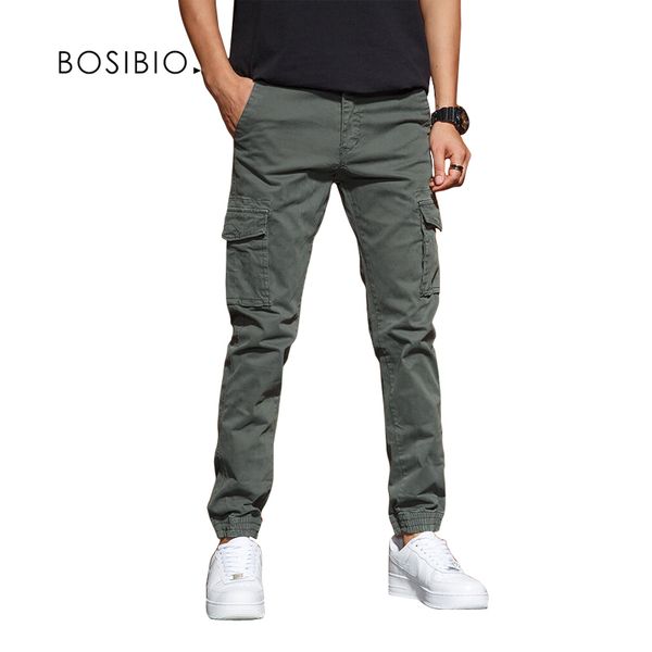 

BOSIBIO Mens Slim Fit Multi Pocket Cargo Pants Male Solid 2018 New Joggers High Quality Long Trousers G3552