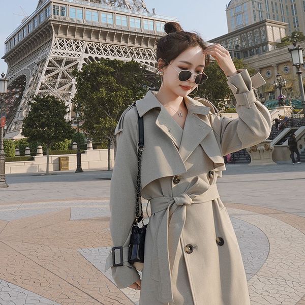 

new autumn trend women's windbreaker fashion elegant waist belt loose double breasted long trench coat for women outwear w2007, Tan;black