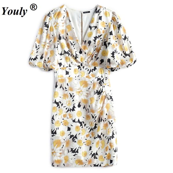

yellow floral puff sleeves bodycon dress women 2020 summer vintage v-neck party dress corset padded pencil mini, Black;gray
