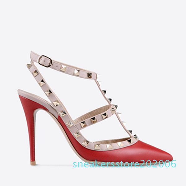 

designer pointed toe 2-strap with studs high heels matte leather rivets sandals women studded strappy dress shoes valentine high heel s06, Black