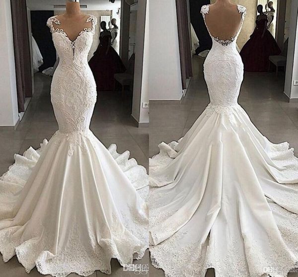 

romantic elegant lace mermaid wedding dresses cap sleeves sheer open back mermaid lace satin wedding bridal gowns custom made, White