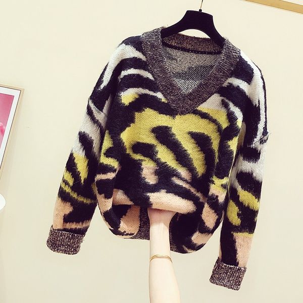 

women's fashion v-neck mohair sweater 2019 autumn winter new leopard vintage sweaters female lazy wind knitted pullover jackets, White;black
