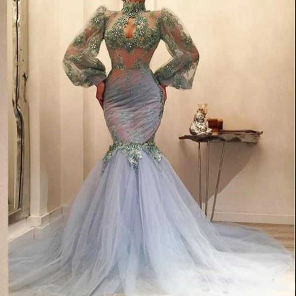 

dusty blue mermaid prom dresses see through lace appliques sheer long sleeves evening gowns tulle sweep train arabic women formal wear, Black