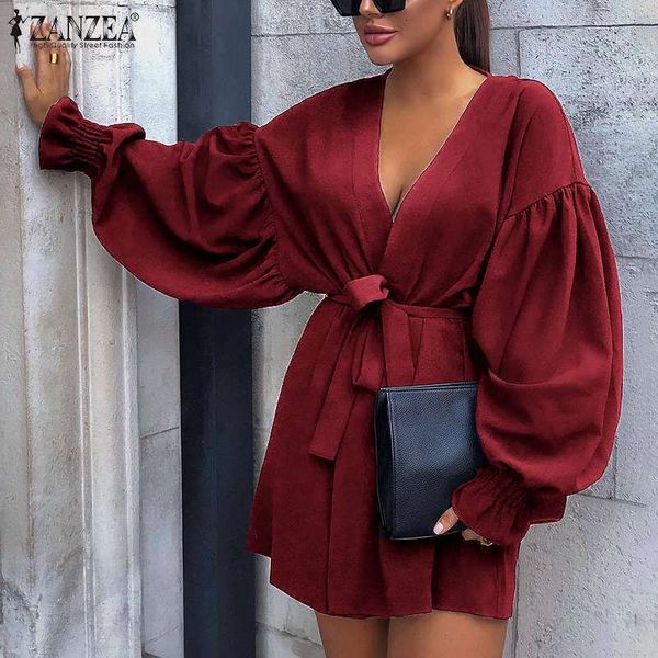 

2020 zanzea women deep v neck long puff sleeve mini dress casual lace up party club sundress female elegant solid vestido, Black;gray