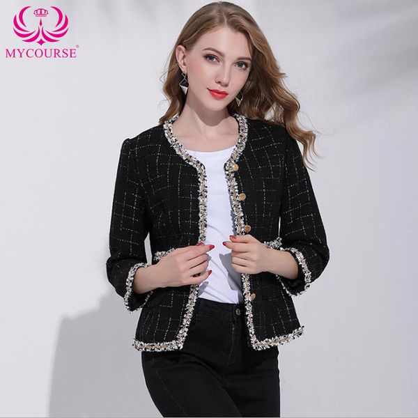 

mycourse elegant vintage women's appliques long sleeve plaid jacket short slim coat autumn warm tweed jacket party overcoat, White;black