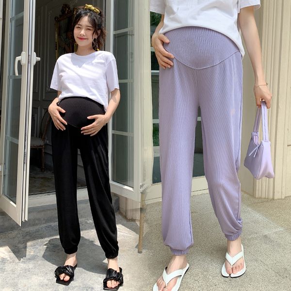 

8264# maternity pants summer solid color casual pants loose comfy belly support elastic waist maternity trousers, White