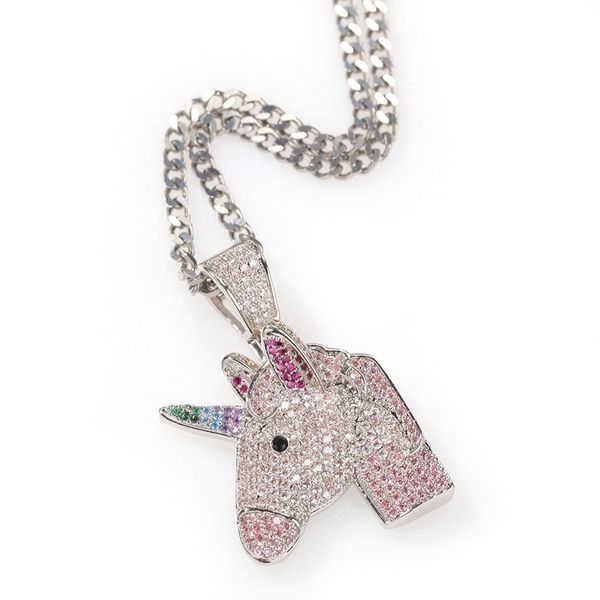 

mens womens hip hop jewelry necklace iced out dream unicorn pendant necklace gold silver rainbow pony necklace