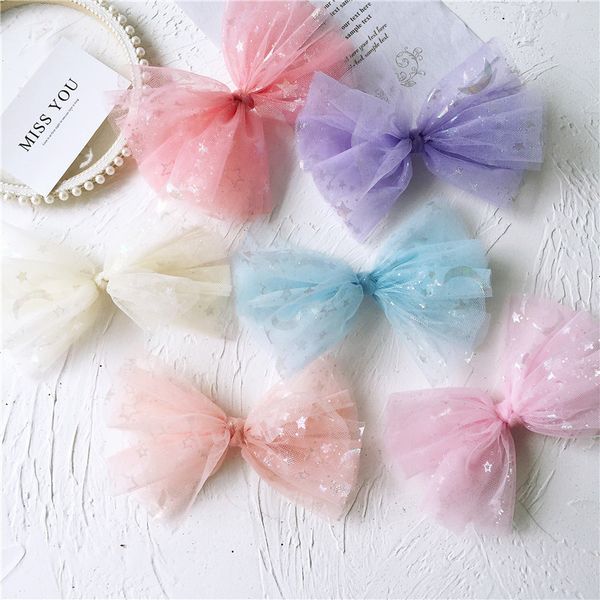 

hair accessories wholesale 30pcs fashion glitter star mesh bow diy parts for hairpins clips big gauze bowknot, Slivery;white