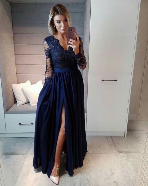 

navy lace prom dresses long sleeves illusion applique sequins chiffon side split celebrity formal dress evening gowns new, Black