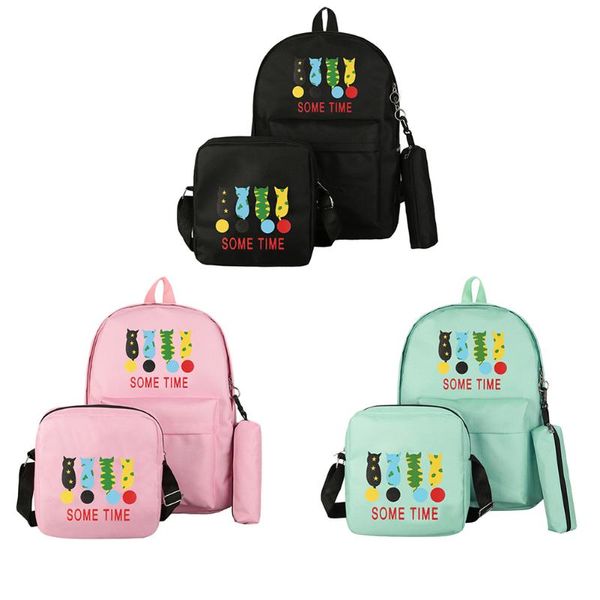 

3pcs/set cute cat printed composite bag fashion women canvas backpack school shoulder bags for teenage girls girls pencil case