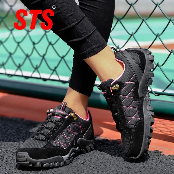 

sts women's outdoor hiking flats shoes hiking shoes women suede waterproof keep warm anti-slip climbing mountain flat sneakers, Black