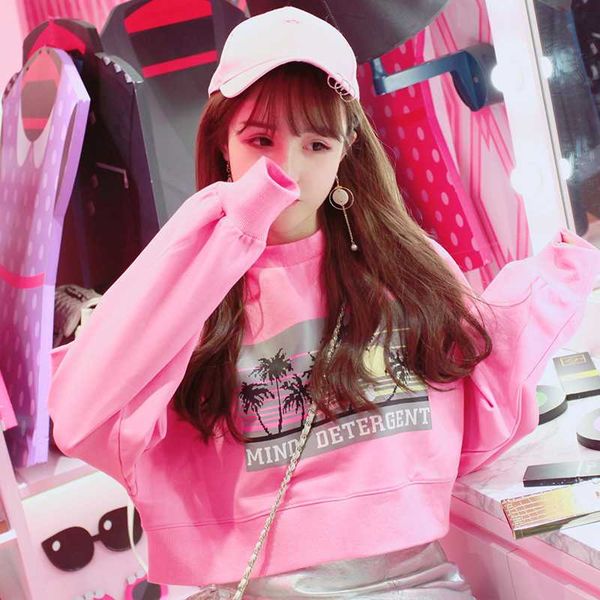 

japanese 2020 early spring new sweet college style printed short pullover girl heart thin section kawaii pink girl, Black