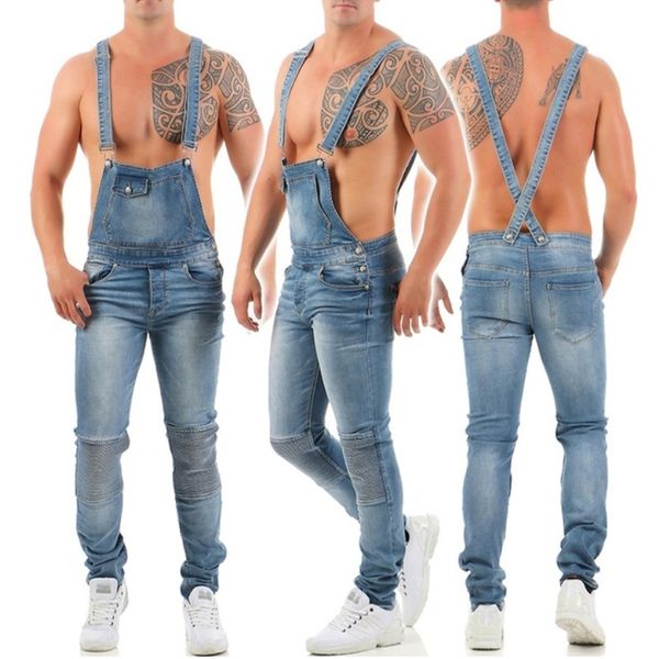 

men's jeans mens designer suspenders overalls tear trousers denim pants fashion casual long for men, Blue