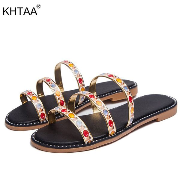 

women flats slippers summer mixed color bohemia striped ladies open toe slides soft women's beach shoes female casual 2020 new, Black
