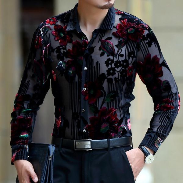 

wholesale- exquisite flower pattern silk gold velvet hollow high-end shirt 2016 spring&autumn new fashion casual quality men shirt m-xxxl
