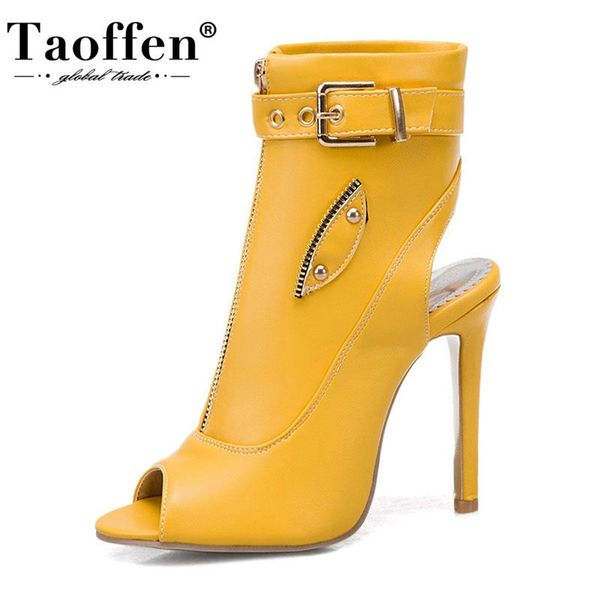 

taoffen size 34-50 thin high heel summer ankle boots buckle zip women sandals peep toe shoes rivet party office lady short boot, Black