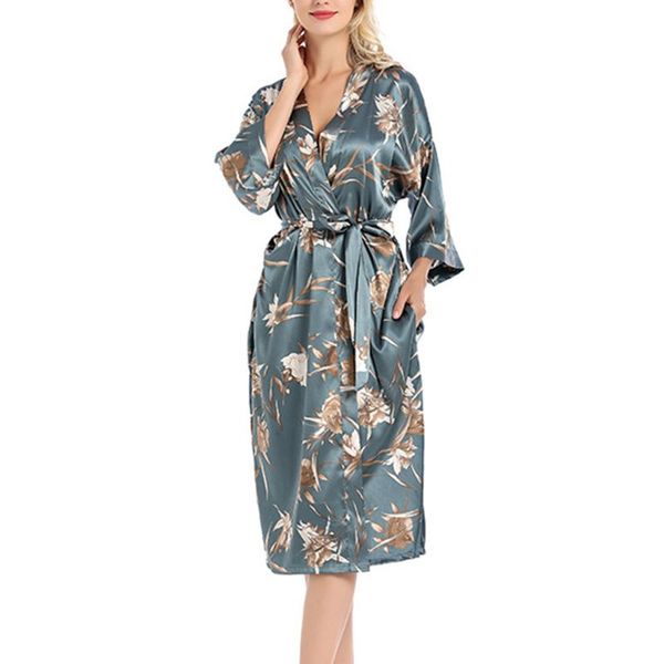 

women silky kimono bath robe 3/4 sleeves retro floral print midi long nightgown belted bridesmaid side pocket sleepwear, Black;red