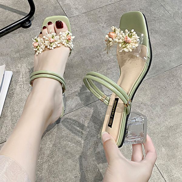 

women's a- line floral mid and low heel pearl pom-pom casual open toe sandals, Black