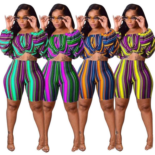 

spring new design fashion women elegant striped shorts long puff sleeves blouse two-piece suit plus size, White