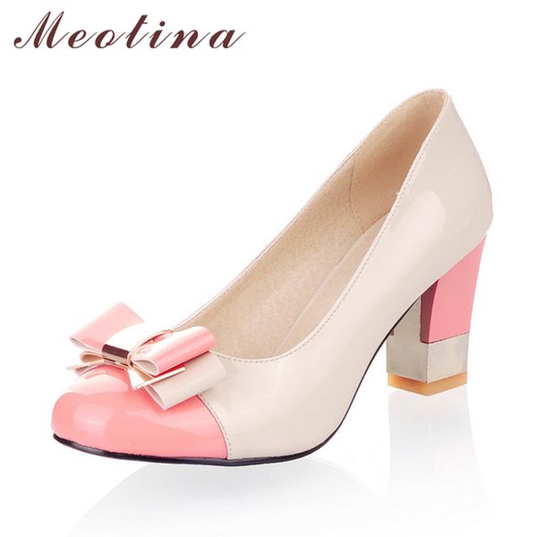 

meotina ladies shoes pumps autumn round toe basic office chunky high heels shoes women bow candy color shoes plus size 9  t200525, Black
