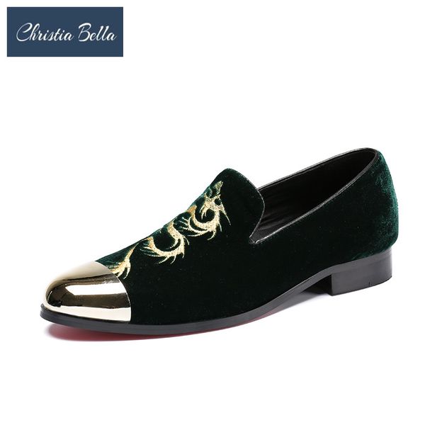 

male prom and banquet loafers men's flats men shoes with dragon embroidery new metal toe men green velvet smoking slippers, Black