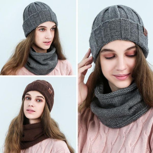 

wishclub fashion warm winter beanie hat fur ball hat&scarf sets 2 pieces set knitted 4 colors hat scarf set scarf warm, Blue;gray