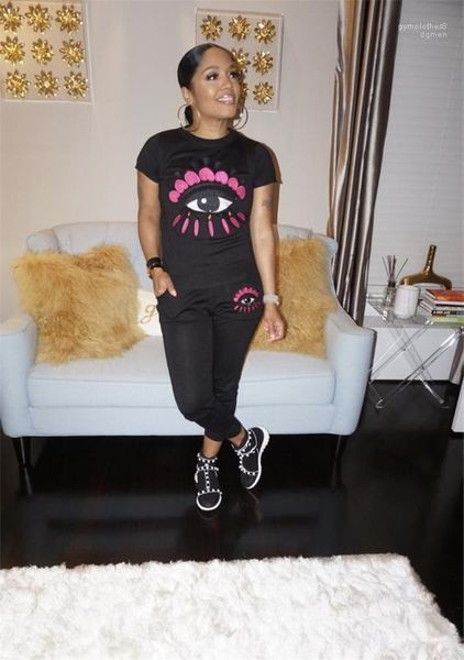 

fashion apparel women eyes print casual suits 2pcs pants solid color clothing shorts shirt long pants sects, White