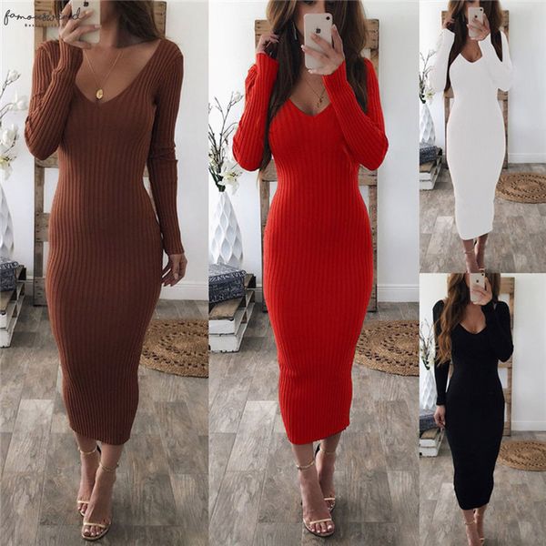 

women package hip knitted winter dress low chest deep v neck elegant slim bodycon dress autumn pencil long female, Black;gray