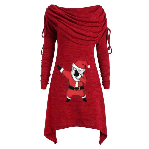 

plus size ruched foldover collar tunic long hoodies womens santa claus printing irregular sweatshirts full sleeved strap hoodie, Black