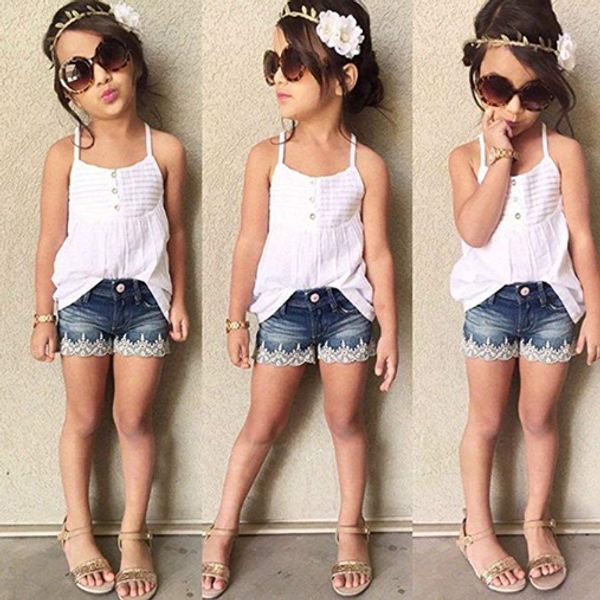 

2pcs toddler baby girl clothes set t-shirt dress+jeans pants clothes outfits set, White