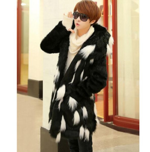 

autumn black white hooded faux leather jacket mens winter thicken warm fur leather coat men loose jackets fashion b238