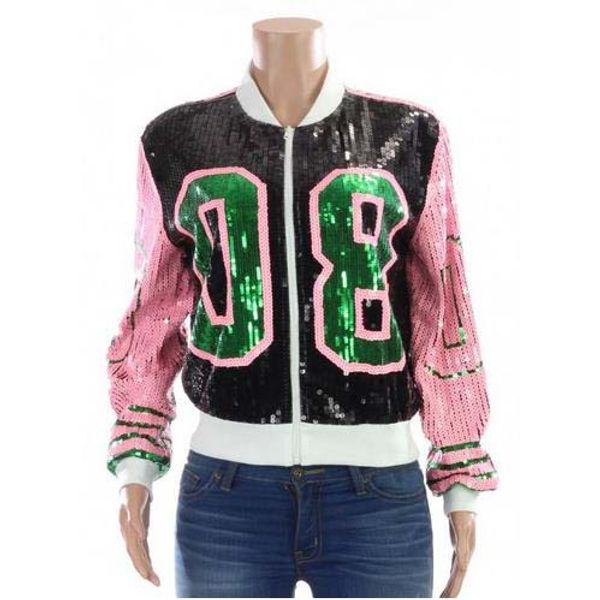 

greek fashion lady streetwear coat 08 sequins zip up long sleeve sporty bat sleeved aka pink and green sorority jackets, Black;brown