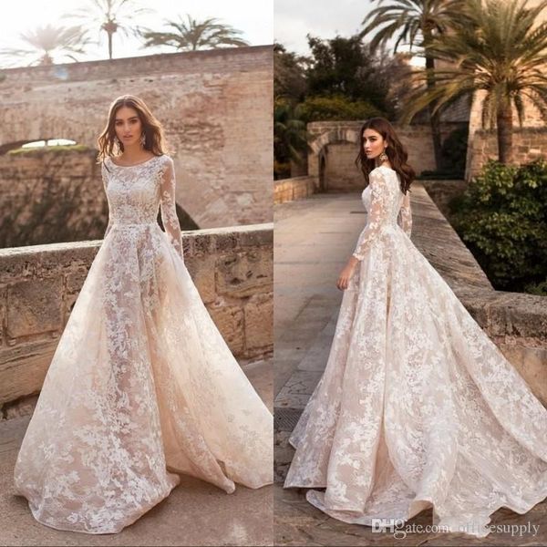 

new vintage a-line wedding dresses scoop neck long sleeves lace appliqued garden bridal gowns customized plus size vestido de novia, White