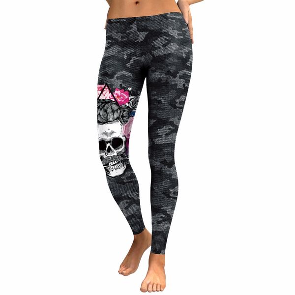 

new arrival leggings women skull head 3d printed camouflage legging workout leggins slim elastic plus size pants legins, Black