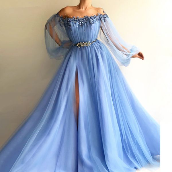 

blue muslim evening dresses 2019 a-line long sleeves tulle slit pearls islamic dubai saudi arabic long formal evening gown prom, White;black