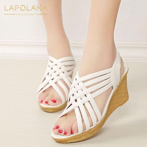 

lapolaka new arrivals 2020 wedge high heels summer sandals woman shoes peep toe slip on rome casual shoes women sandals female, Black