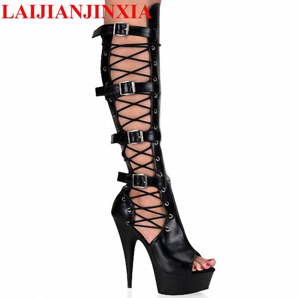 

laijianjinxia new hollow out knee high boots fashionable avant-garde boots pole dancing shoes 15cm high heels woman shoes, Black