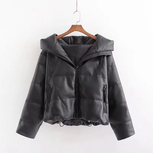 

vintage hooded faux leather parkas women pu leather coats korean warm thick parkas mujer plus size winter jacket women, Black