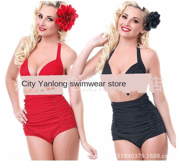 

польки сексуальный многоцветной печати высокой талии плюс размер бикини купальник бикини женщин раскол купальник, White;black