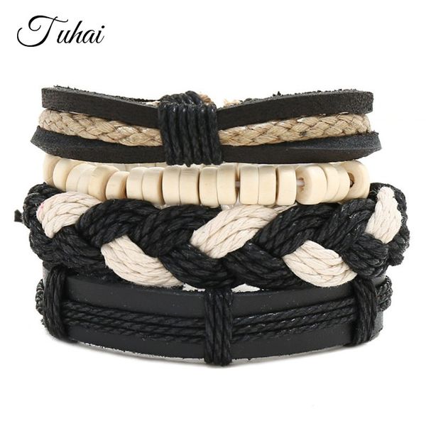 

4pcs/set black rope genuine leather bracelet wood beads braided men wristband pulseira adjustable accessories, Golden;silver
