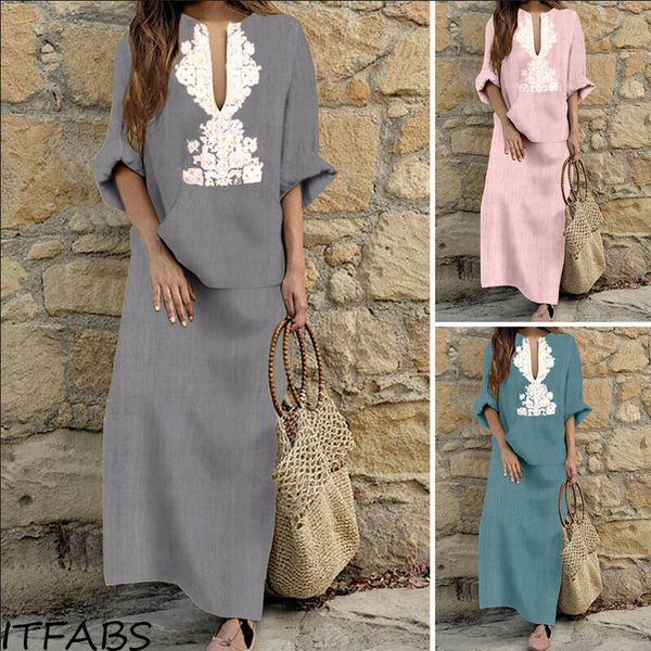 

Plus Size 2019 Autumn Ladies Long Sleeve Split V Neck Floral Printed Big Pocket Boho Women Party Bodycon Maxi Dress Clothing