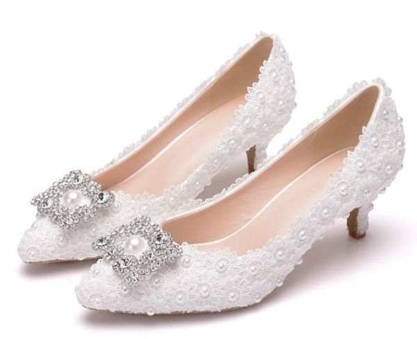 

5 cm pointed shoes women white lace wedding shoes small thin heel pearls square buckle water diamond bride sweet pumps, Black