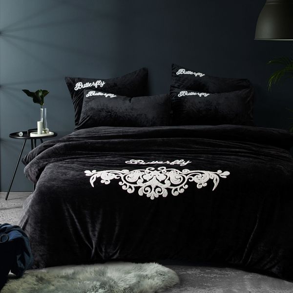 

black embroidery luxury winter bedding sets 4pcs  size fleece fabric bed set bed linen duvet cover pillow