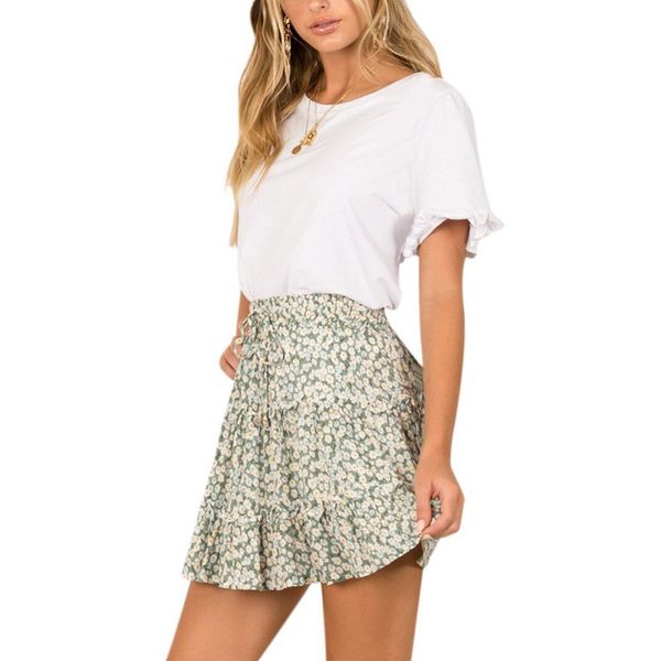 

faldas mujer moda 2019 skirts womens bohemian floral print tie up jupe femme waist summer beach ruffle flowy a-line skirt, Black