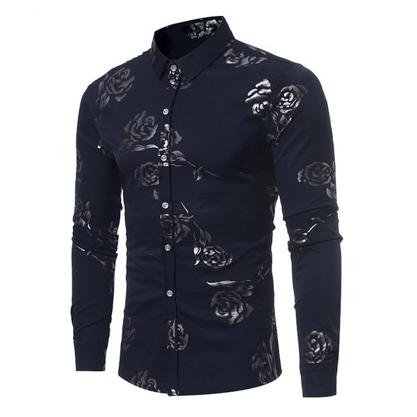 

feitong fashion style gold rose printed men shirts long sleeve stand collar casual shirt christmas winter cotton soft shirt#g25, White;black