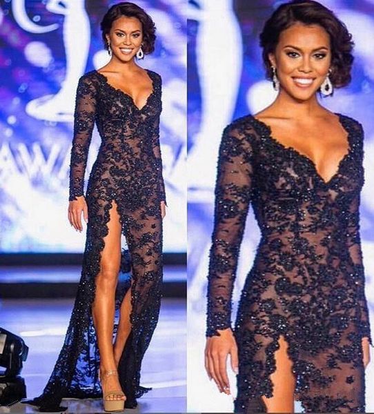 

2019 gorgeous v neck prom dresses long sleeves with lace beaded high split evening dresses sweep train summer red carpet party gowns, Black;red