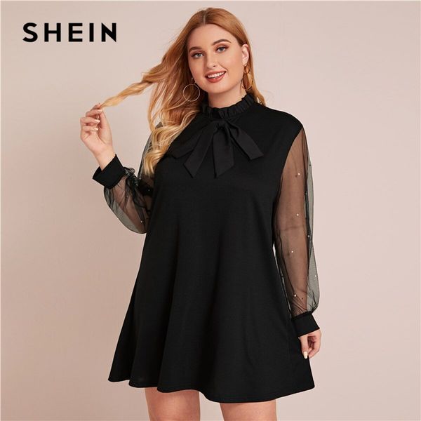 

shein plus size tie front frill trim mesh panel tunic dress women spring pearls beaded stand collar elegant mini cute dresses, Black;gray