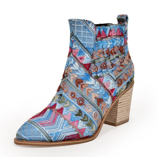 

johnature women shoes 2019 new autumn winter high heel boots pointed toe square heel sewing floral zip comfortable ankle boots, Black