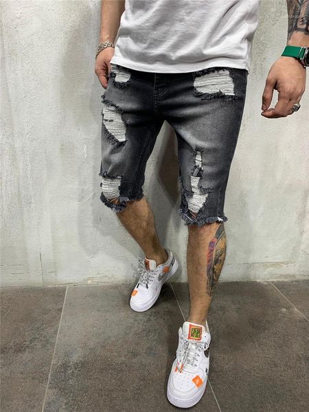 

pants straight mid waist zipper fly pants mens designer ripped gray jeans knee length solid color jeans, Blue