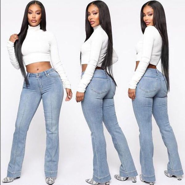 

женские джинсы высокая талия стрейч женские джинсовые расклешенные брюки, Blue